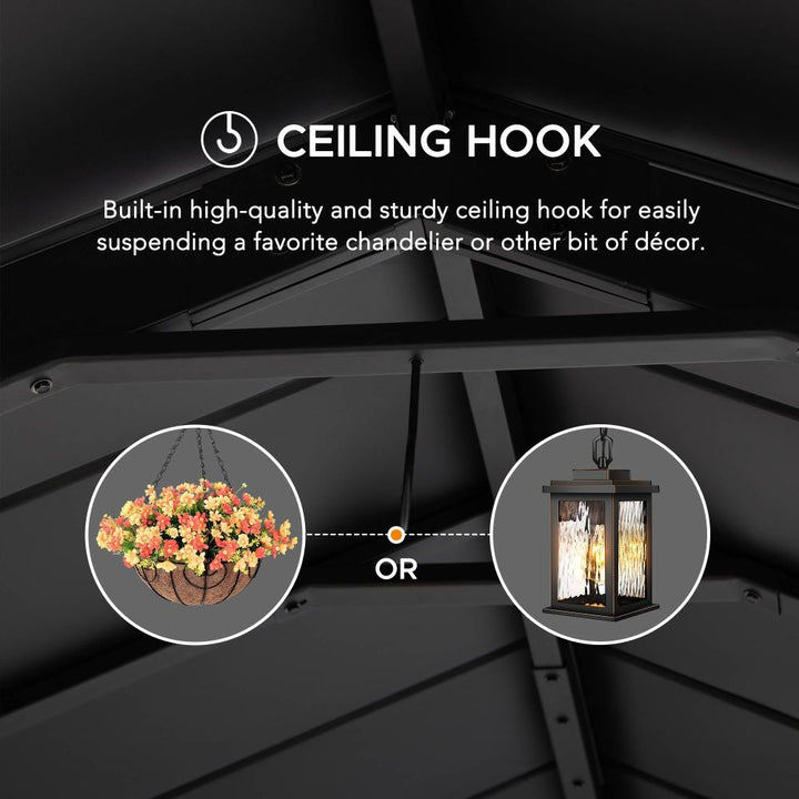 Ceiling hook with text and images of hanging decor on a dark background