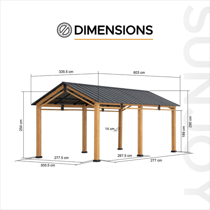 Dimensions of a wooden gazebo with measurements labeled on a white background.
