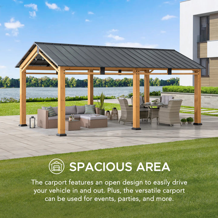 SUNJOY 6.03m x 3.36m Galvanized Steel Roof Wood Carport 