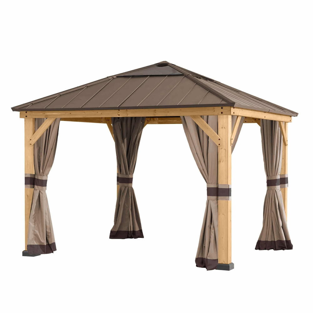 Wooden gazebo with brown roof and curtains on a white background