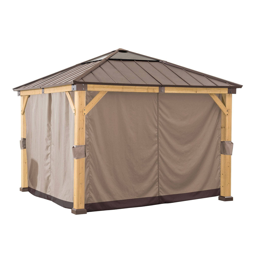 Wooden gazebo with brown roof and walls on a white background