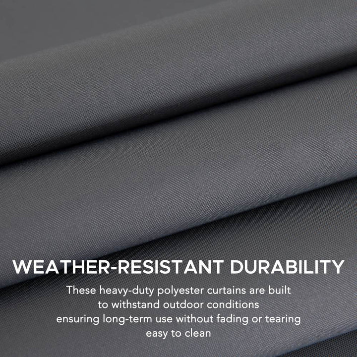 Gray fabric with text about weather-resistant durability and heavy-duty polyester curtains.