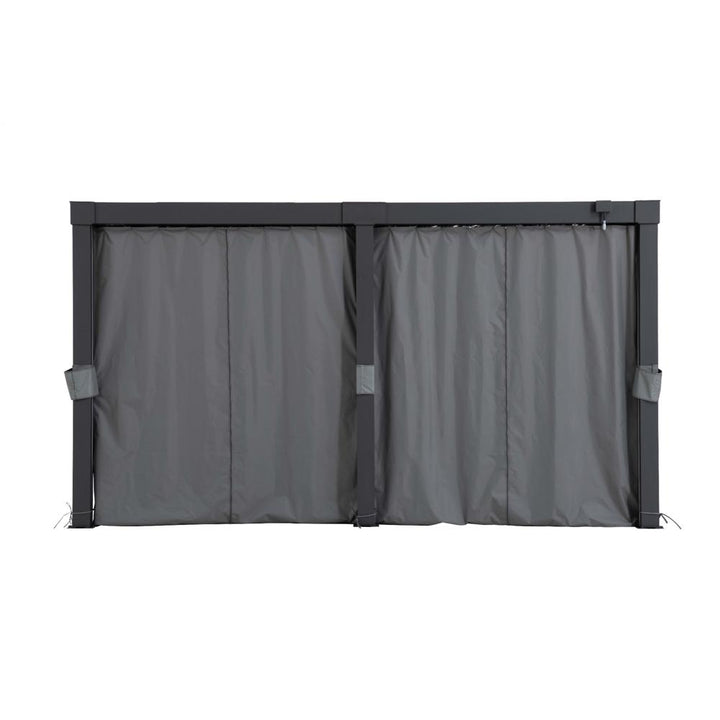 Gray outdoor privacy screen with black frame on a white background