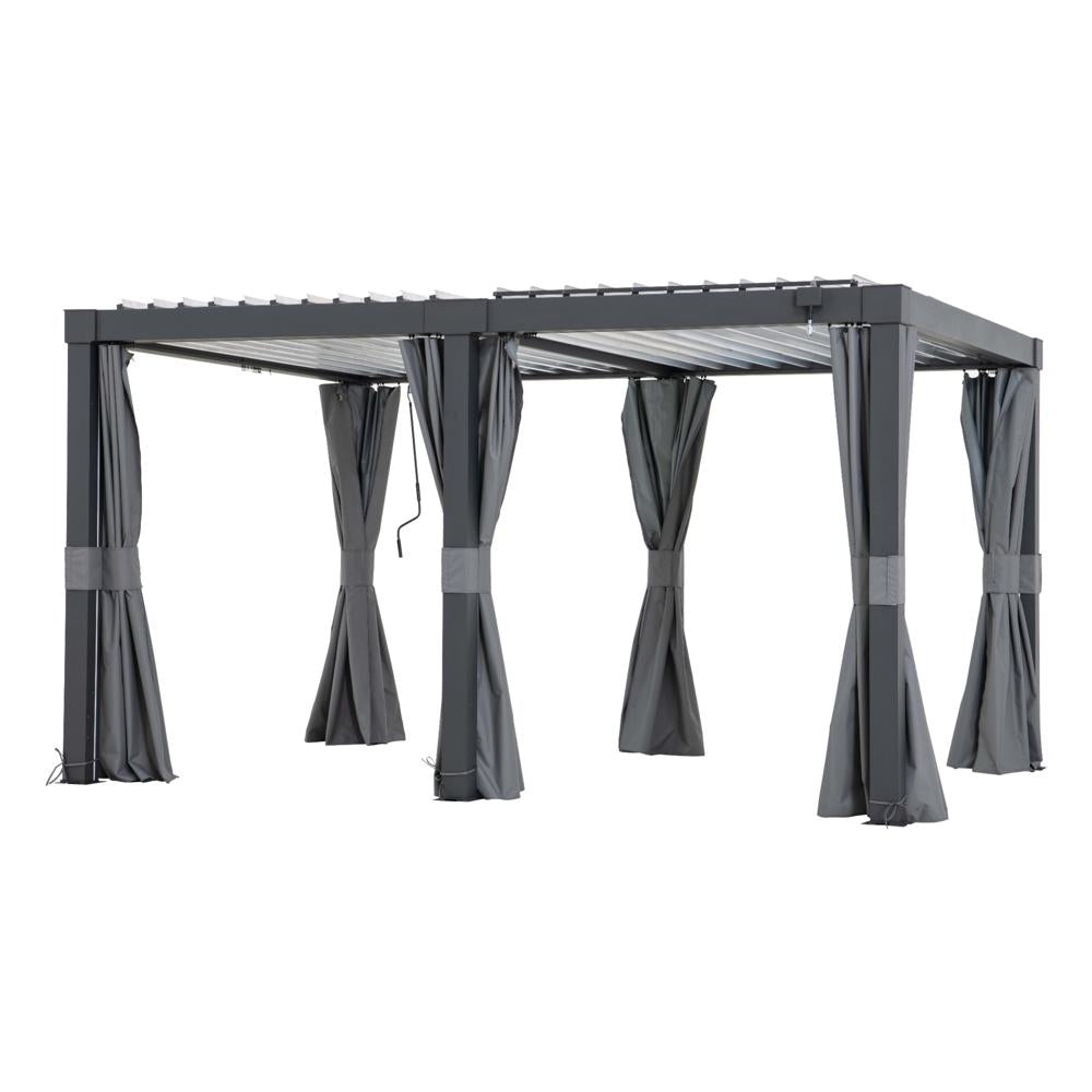 Gray outdoor gazebo with curtains on a white background