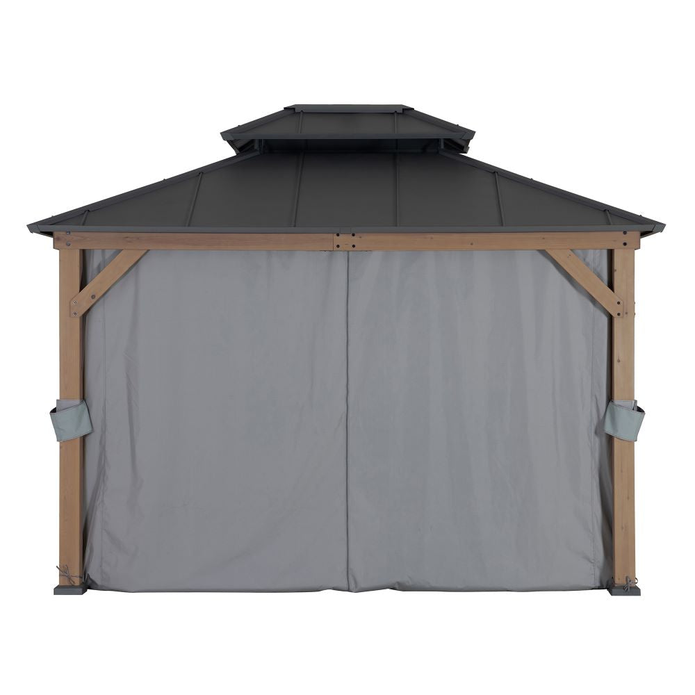 Garden gazebo with a dark roof and beige frame, featuring gray side panels on a white background.