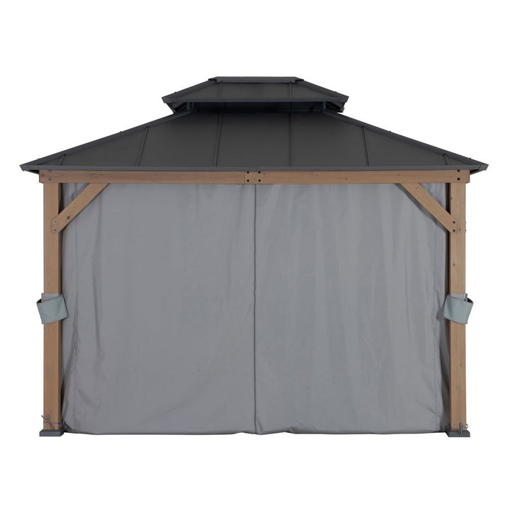 Garden gazebo with a dark roof and beige frame, featuring gray side panels on a white background.