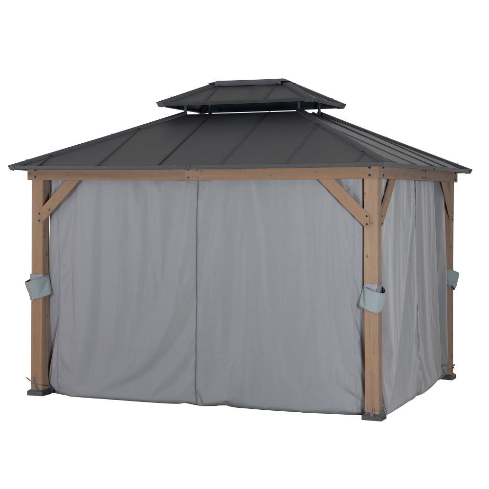 Garden gazebo with a dark roof and beige frame, featuring side curtains on a white background.