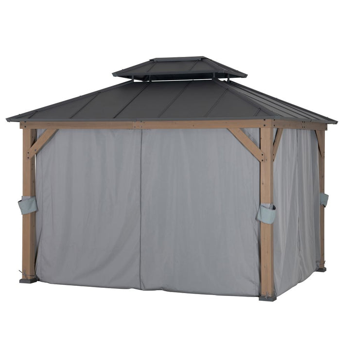 Garden gazebo with a dark roof and beige frame, featuring side curtains on a white background.