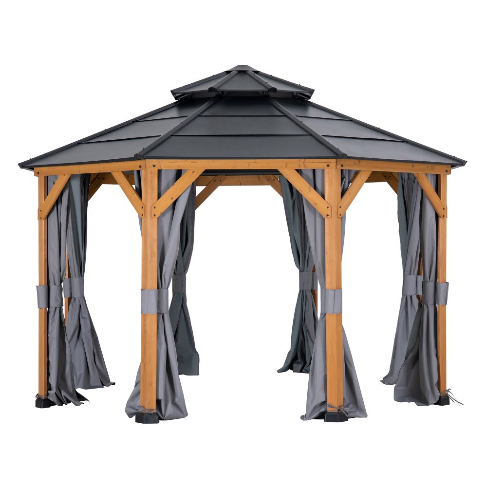 Wooden gazebo with gray roof and curtains on a white background