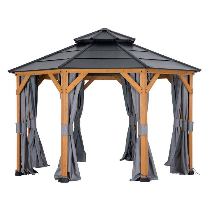 Wooden gazebo with gray roof and curtains on a white background