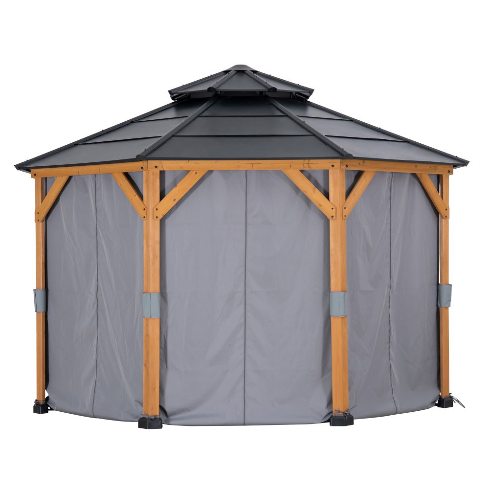 Hexagonal gazebo with gray roof and walls on a white background