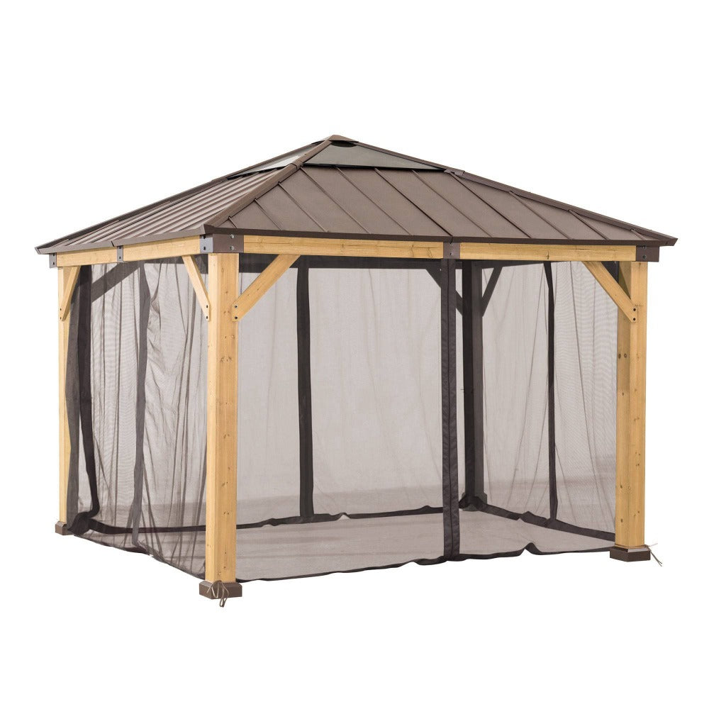 Wooden gazebo with mesh curtains on a white background