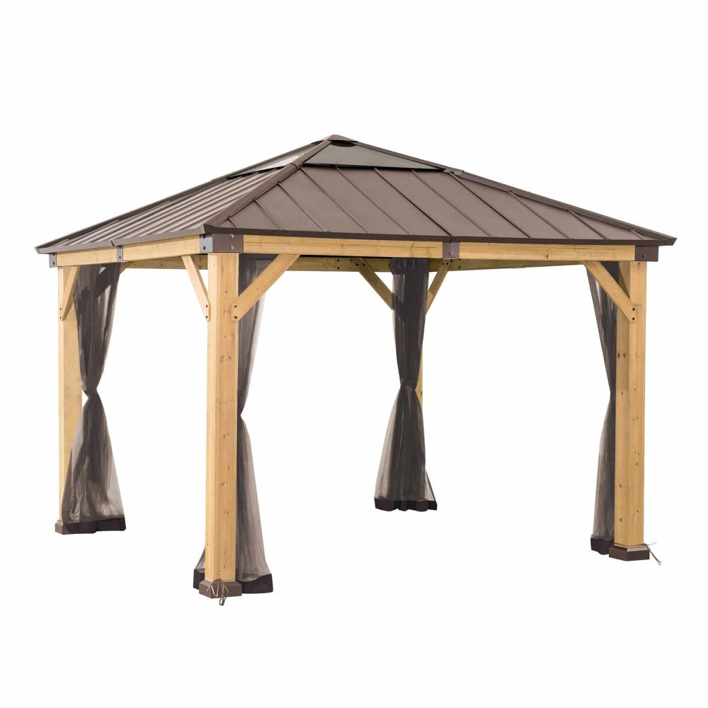 Wooden gazebo with a brown roof on a white background
