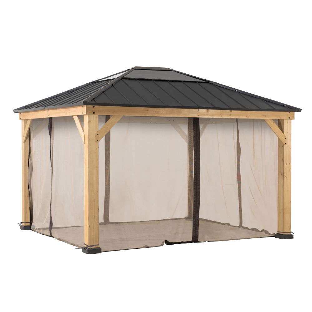 Wooden gazebo with a black roof and beige mesh sides on a white background