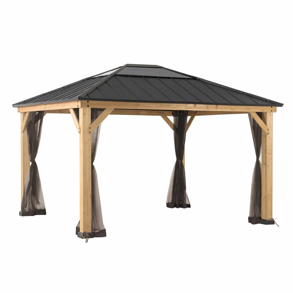 Wooden gazebo with a black roof on a white background