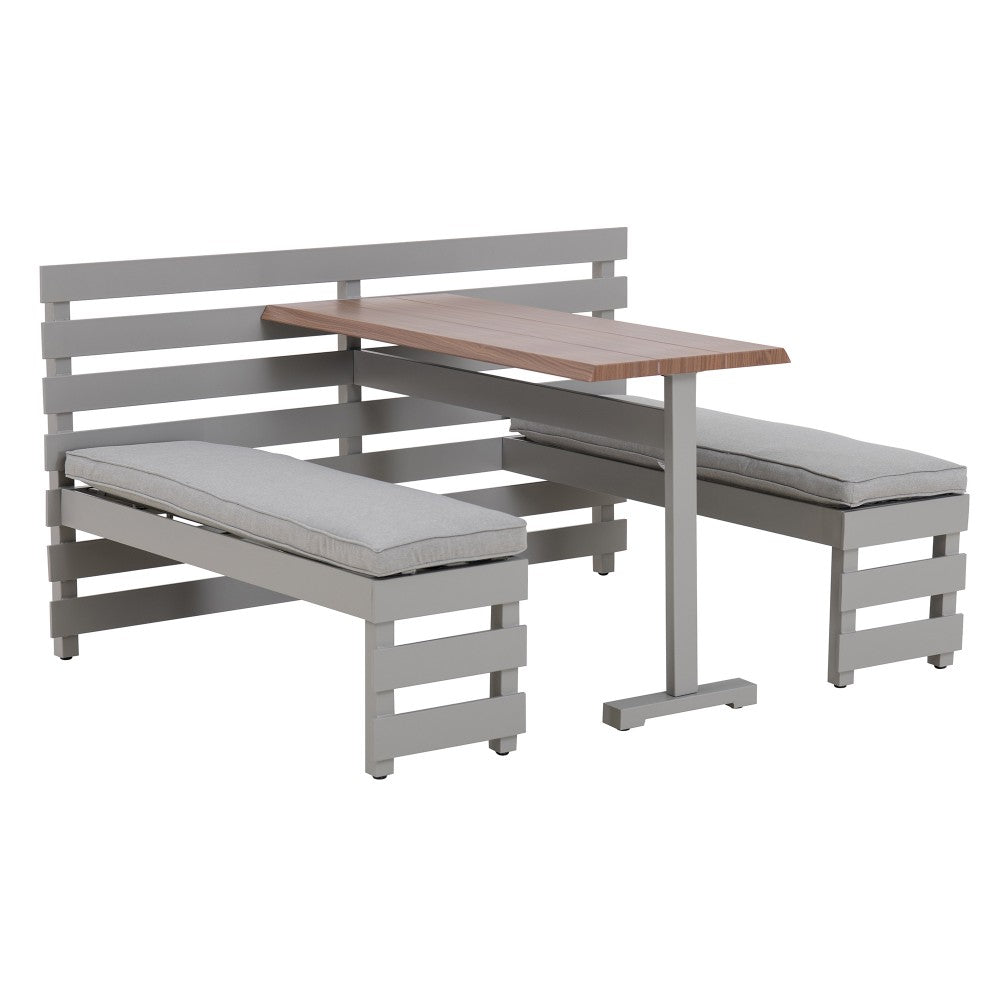 SUNJOY Outdoor Dining Bench Set Metal Railing Garden Furniture Set with Removable Cushions and Wood Texture Tabletop