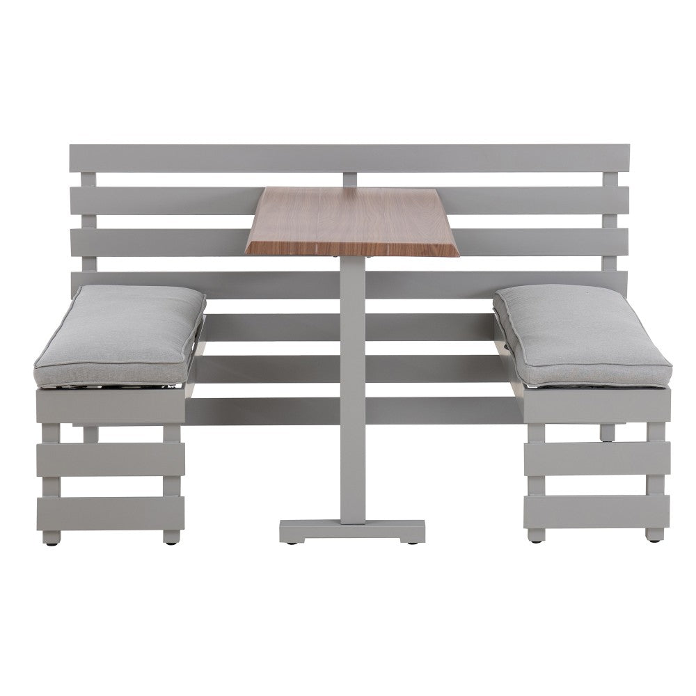 SUNJOY Outdoor Dining Bench Set Metal Railing Garden Furniture Set with Removable Cushions and Wood Texture Tabletop 