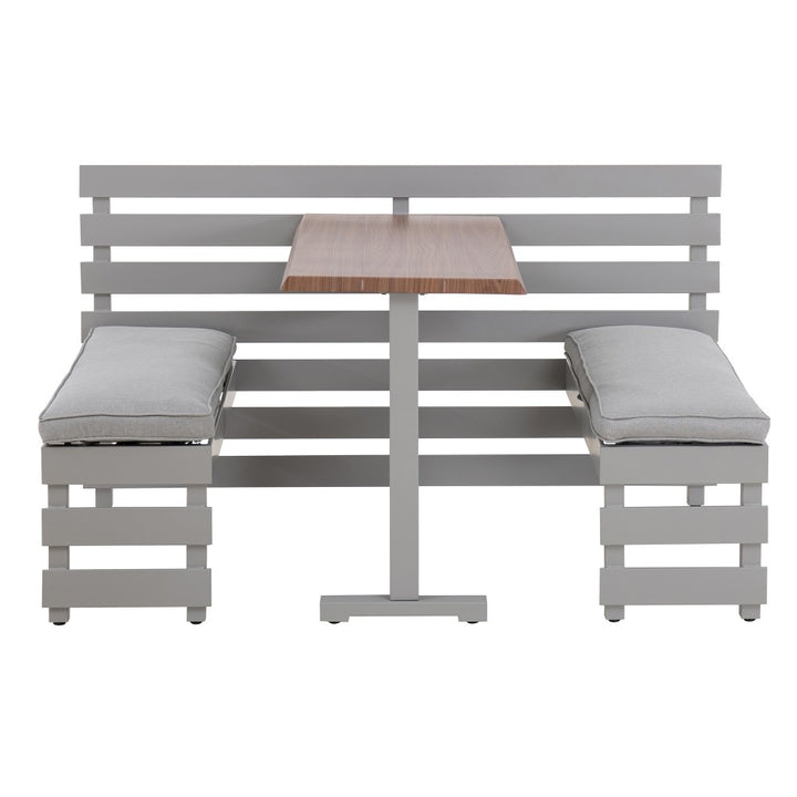 SUNJOY Outdoor Dining Bench Set Metal Railing Garden Furniture Set with Removable Cushions and Wood Texture Tabletop 