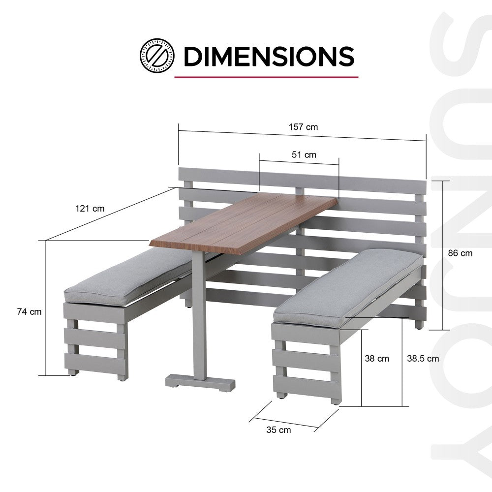 SUNJOY Outdoor Dining Bench Set Metal Railing Garden Furniture Set with Removable Cushions and Wood Texture Tabletop 