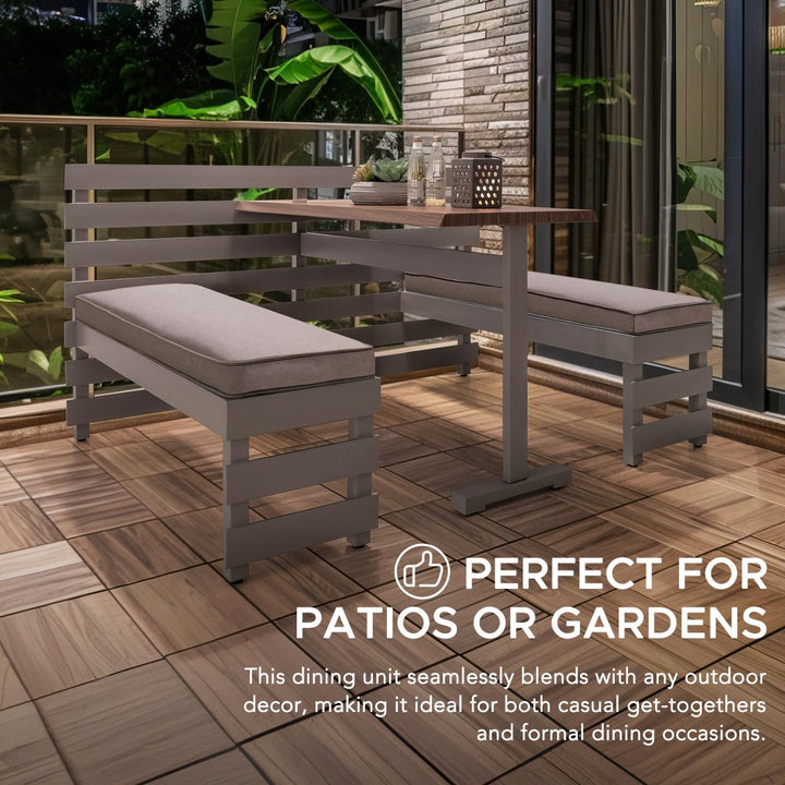 SUNJOY Outdoor Dining Bench Set Metal Railing Garden Furniture Set with Removable Cushions and Wood Texture Tabletop 