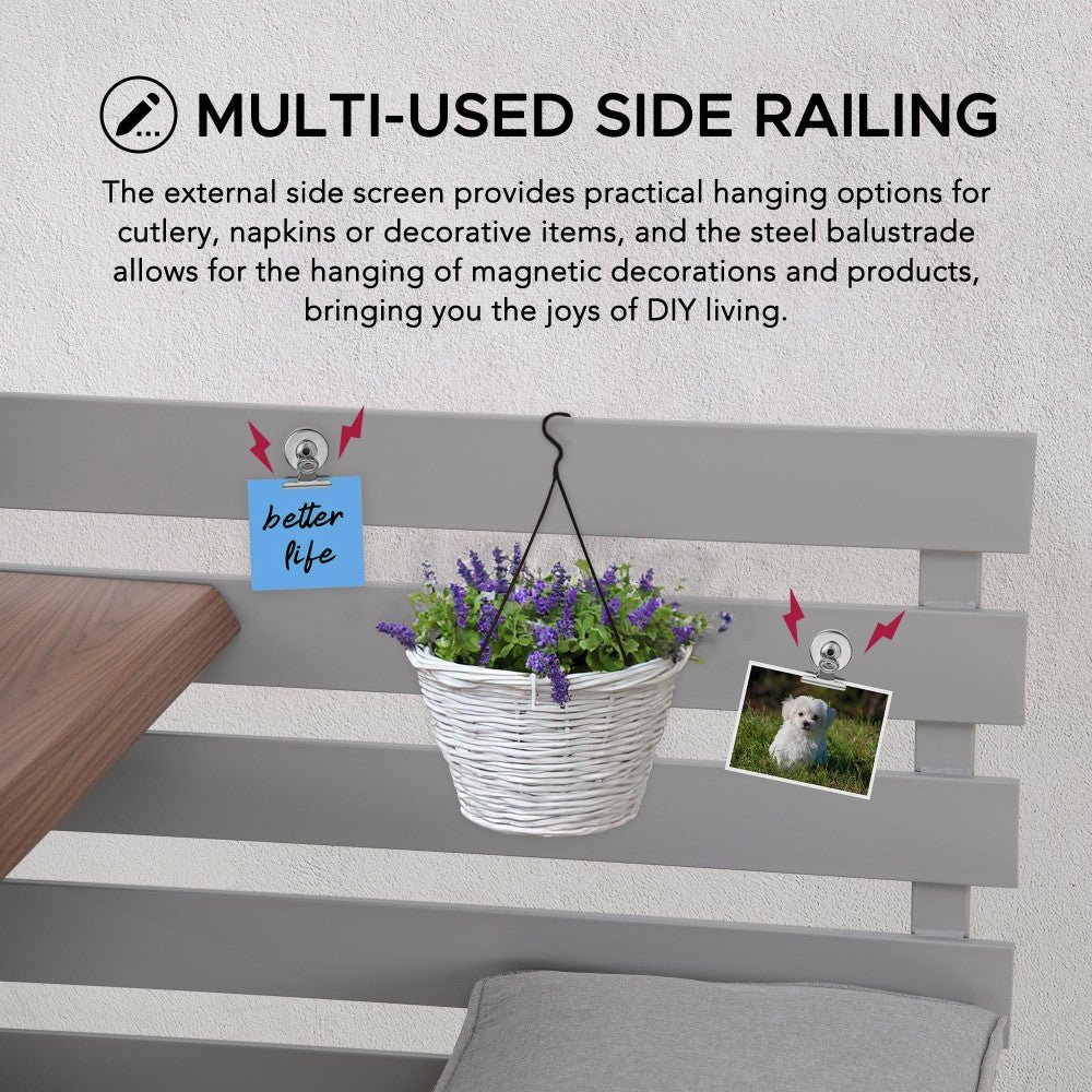 SUNJOY Outdoor Dining Bench Set Metal Railing Garden Furniture Set with Removable Cushions and Wood Texture Tabletop 