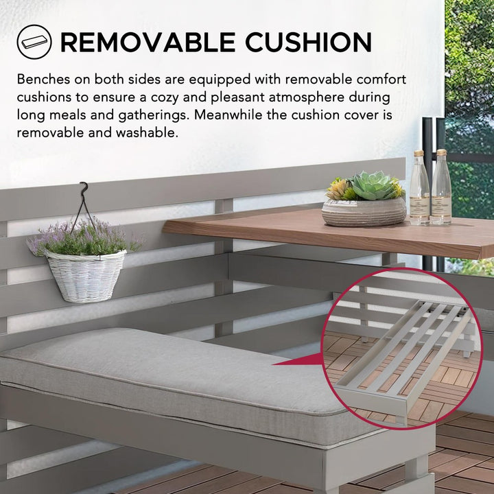 SUNJOY Outdoor Dining Bench Set Metal Railing Garden Furniture Set with Removable Cushions and Wood Texture Tabletop 