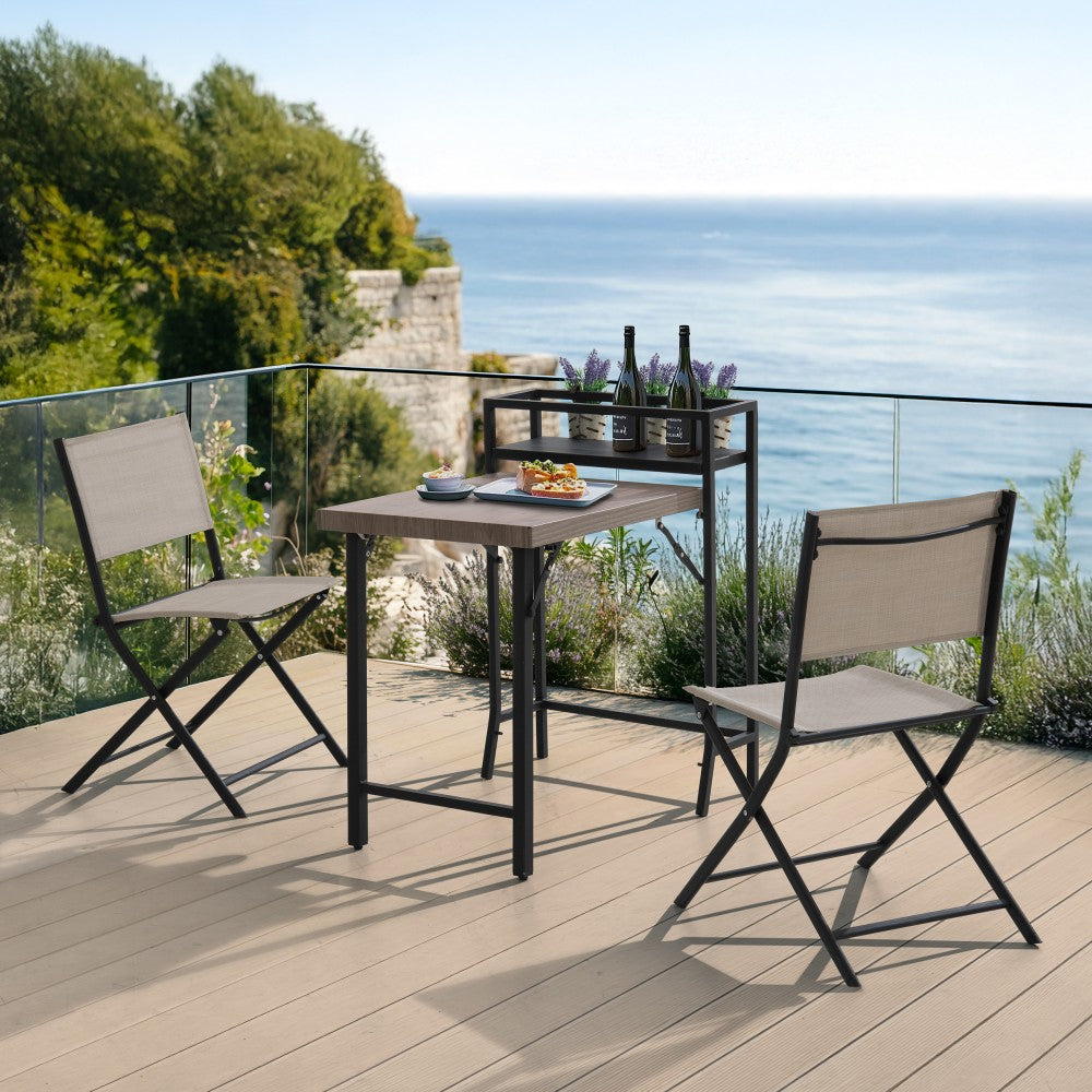缺data-SUNJOY Patio Bistro Set/Garden Furniture Set with Shelf, Conversation Set with Folding Table, Chair and Storage Space