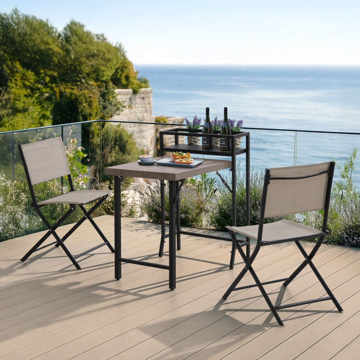 缺data-SUNJOY Patio Bistro Set/Garden Furniture Set with Shelf, Conversation Set with Folding Table, Chair and Storage Space