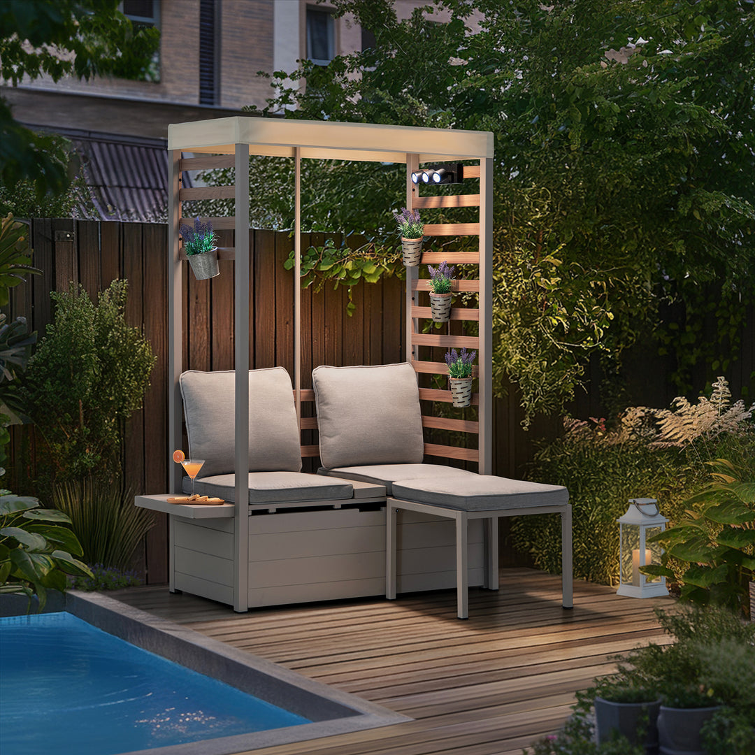 SUNJOY Outdoor Garden Furniture Set 2-Seater Sofa with Footstool Patio Loveseat & Storage & UV Resistant Canopy