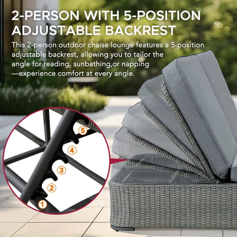 SUNJOY 2-Person Patio Aluminum Frame Lounge Chair Loveseat Sofa with 5-Position Adjustable Backrest Cushion and Foot pads