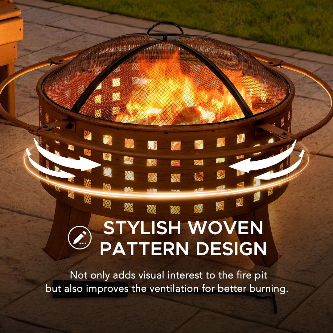 TEIDE Forge Screened Round Steel Wood Burning Fire Pit 83cm - Woven Pattern