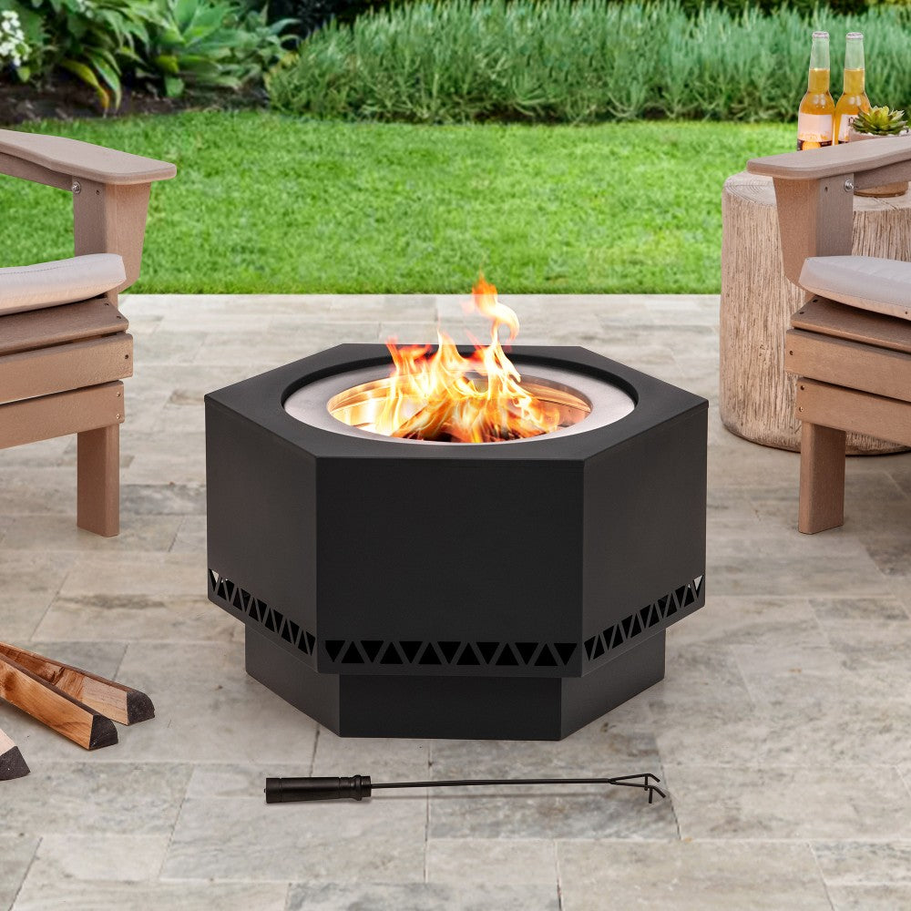 SUNJOY Hexagon Smokeless Fire Pit Wood Burning Fire Pit with Fire Poker