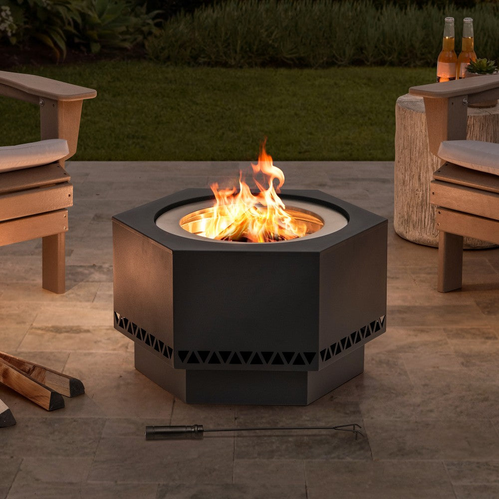 SUNJOY Hexagon Smokeless Fire Pit Wood Burning Fire Pit with Fire Poker