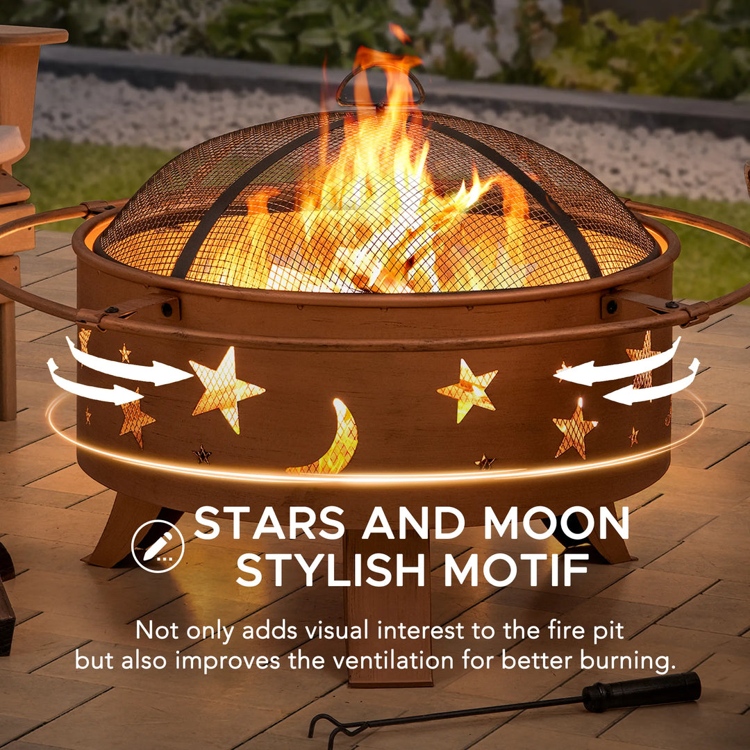TARSO Steel Wood Burning Fire Pit 83cm - Star &amp; Moon