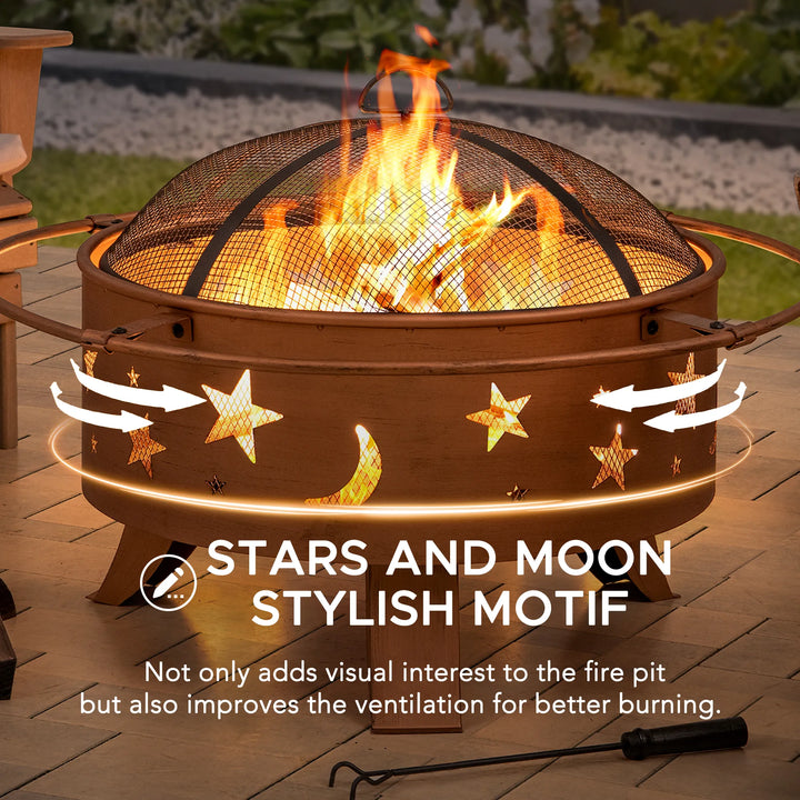 TARSO Steel Wood Burning Fire Pit 83cm - Star &amp; Moon