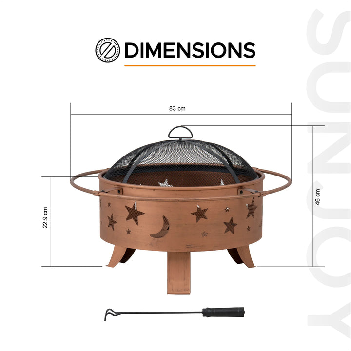 TARSO Steel Wood Burning Fire Pit 83cm - Star &amp; Moon