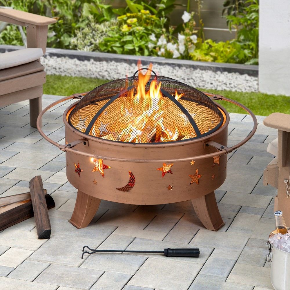 SUNJOY Tarso Steel Fire Pit Outdoor Wood Burning Fire Pit with Mesh Cover - Ø83cm, Star and Moon Pattern