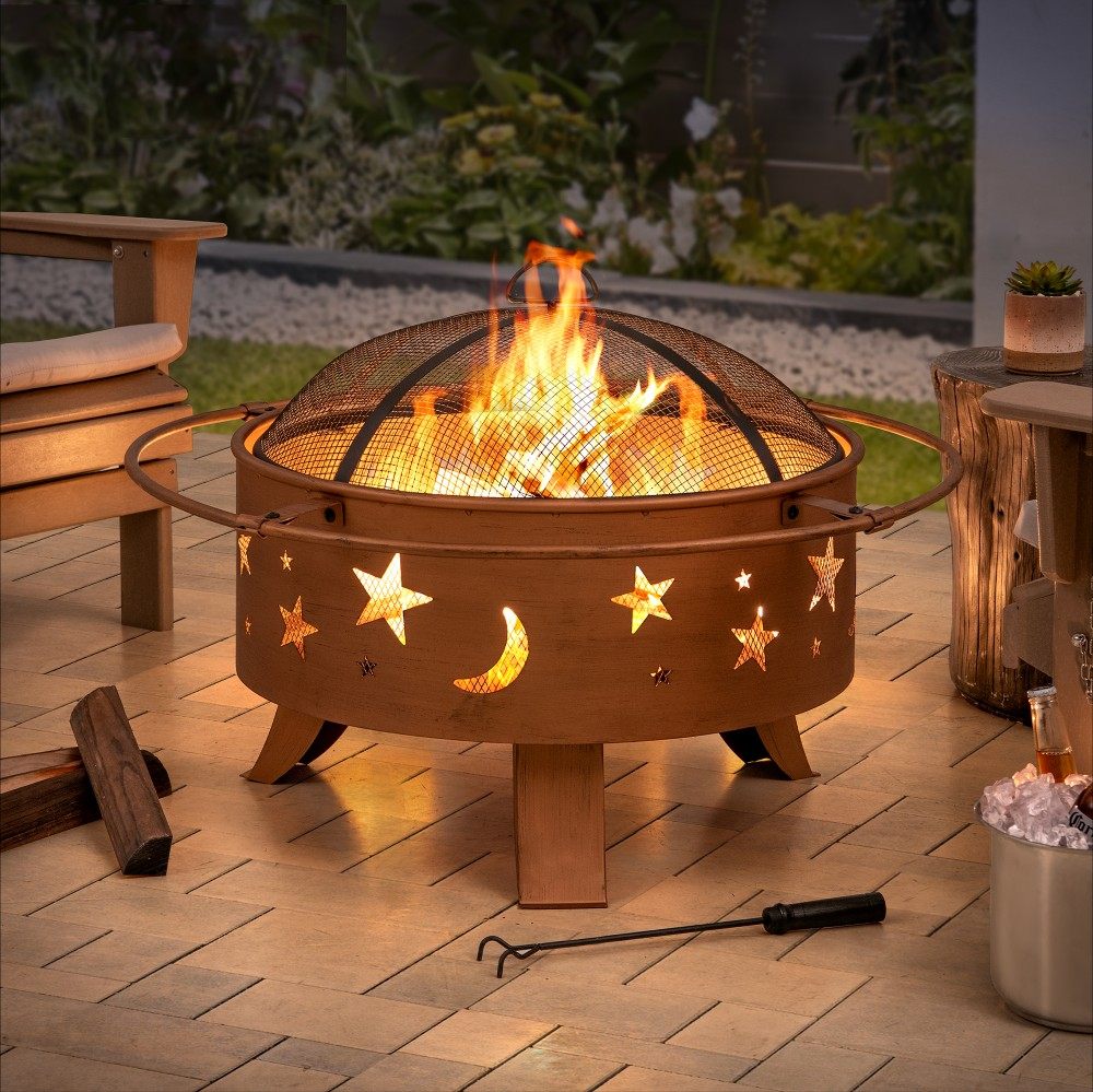 SUNJOY Tarso Steel Fire Pit Outdoor Wood Burning Fire Pit with Mesh Cover - Ø83cm, Star and Moon Pattern