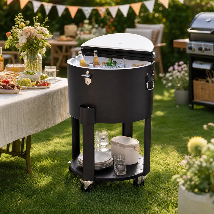 TINLEY Rolling Patio Ice Chest Cart 56 L with Storage Shelf