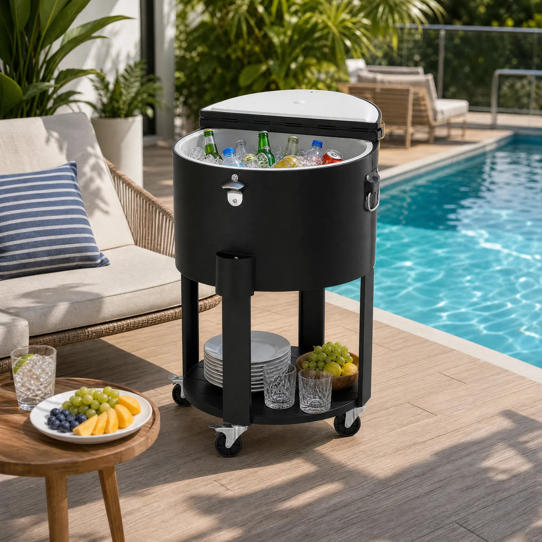 TINLEY Rolling Patio Ice Chest Cart 56 L with Storage Shelf