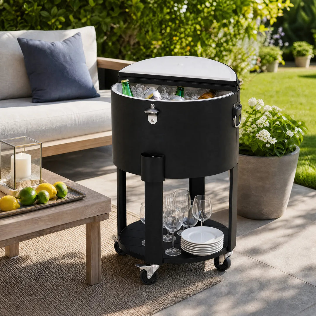 TINLEY Rolling Patio Ice Chest Cart 56 L with Storage Shelf