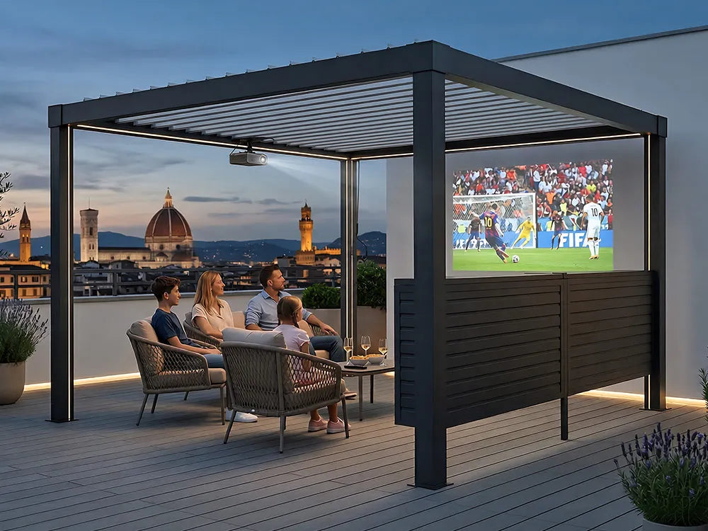 People watching a soccer match on a screen in an outdoor pavilion with a cityscape view.