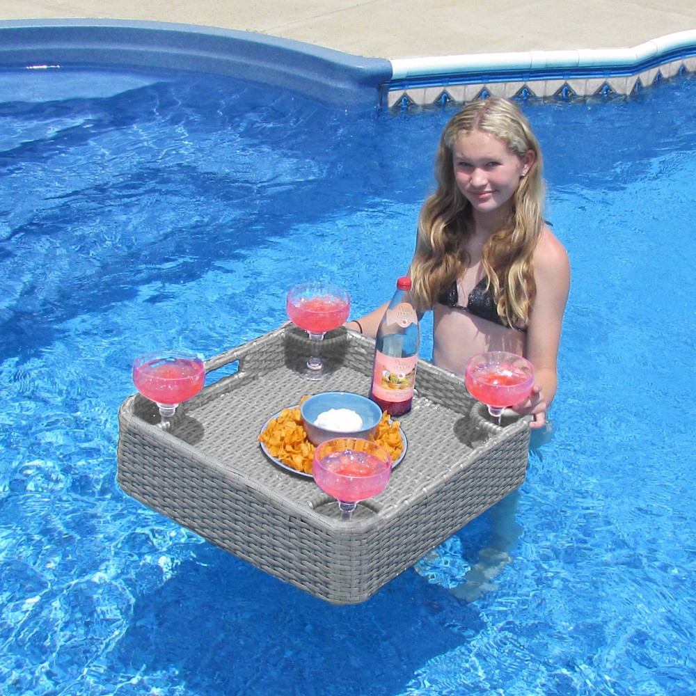 SUNJOY 61CM Square Wicker Floating Trays Aluminum Frame Storage Accessory for Pool 