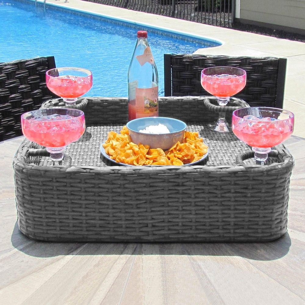 SUNJOY 61CM Square Wicker Floating Trays Aluminum Frame Storage Accessory for Pool 
