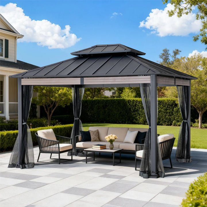SUNJOY 3.6m x 3m Heavy-Duty Hardtop Gazebo with Mosquito Netting
