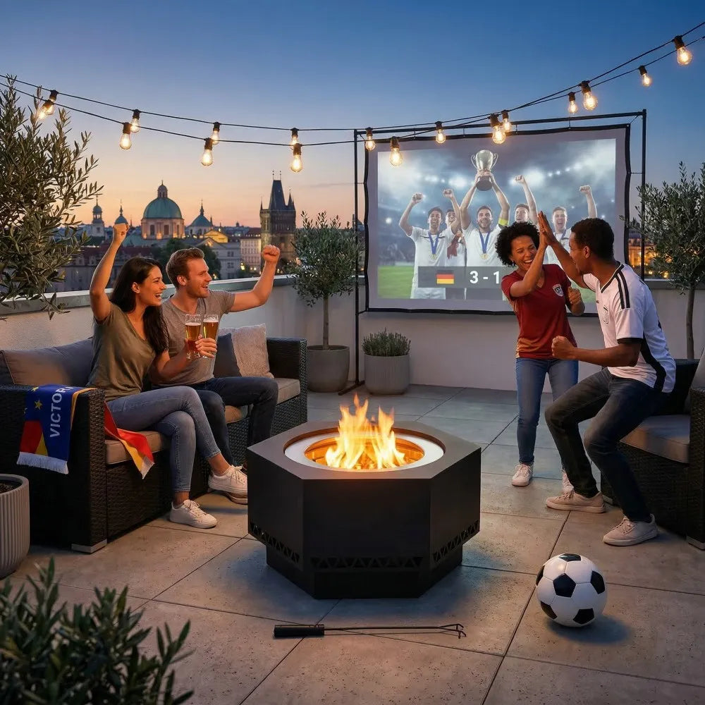 People watching a sports event on a screen outdoors with a fire pit and soccer ball.