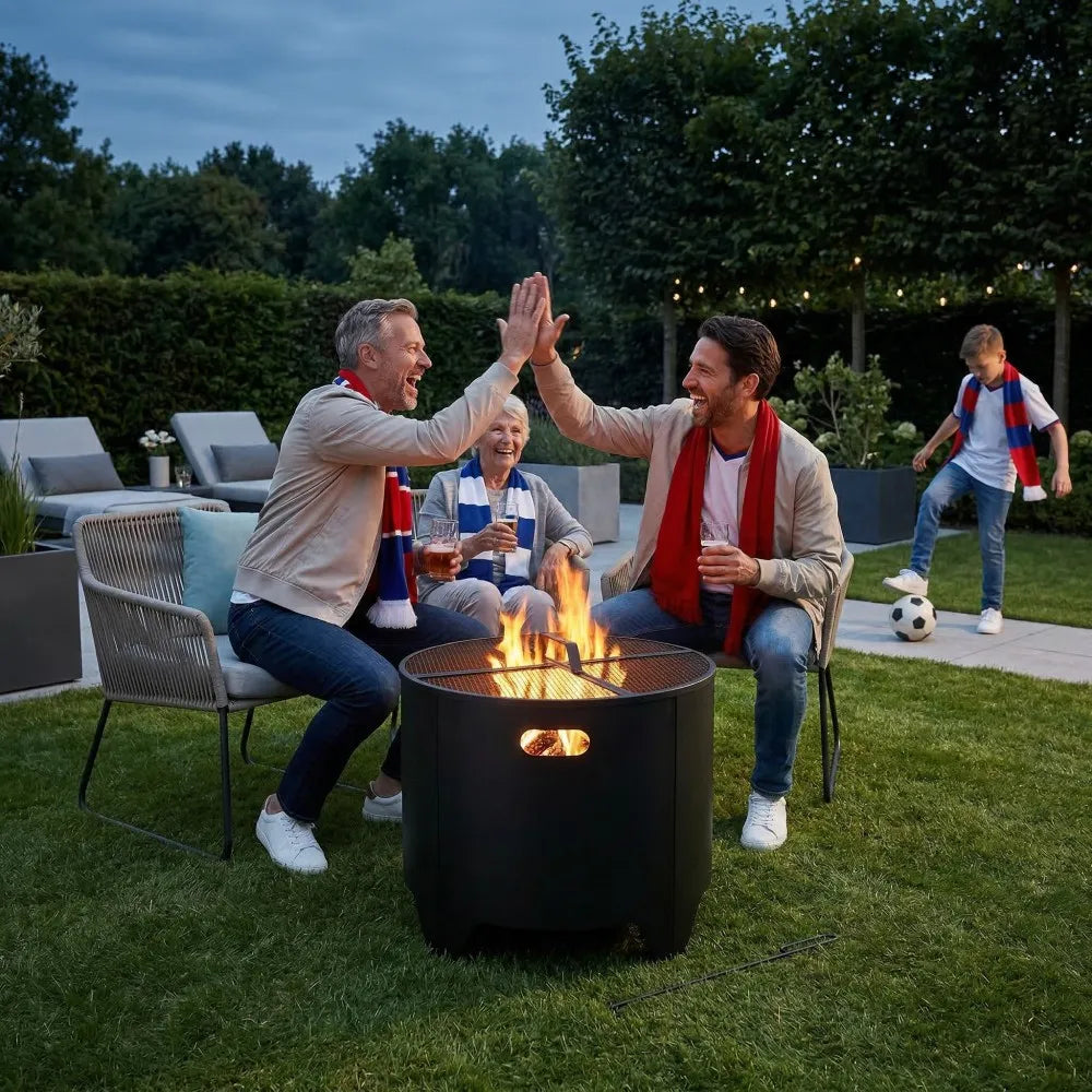 People enjoying a fire pit in a garden with sports-themed decor