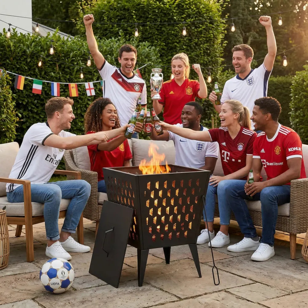 Group of people celebrating outdoors with a fire pit, flags, and sports jerseys.