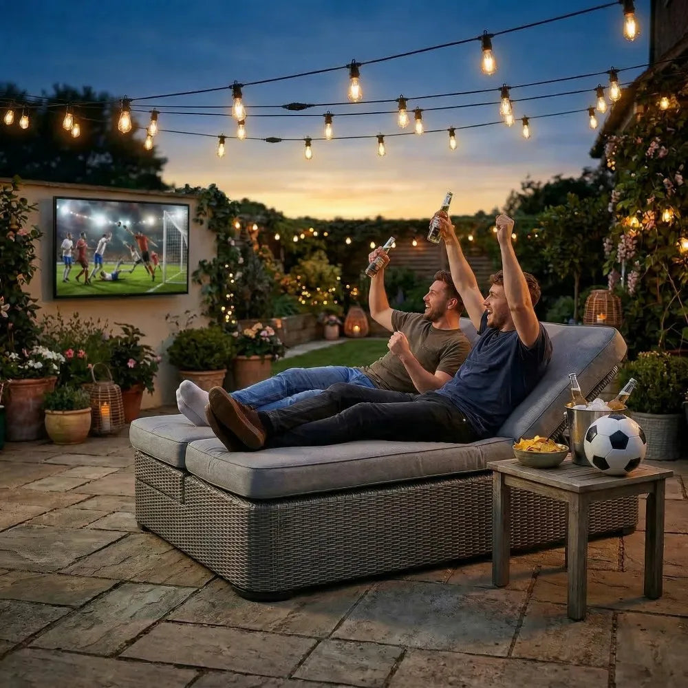 Two men enjoying a soccer match on a TV in a backyard with string lights and outdoor furniture.