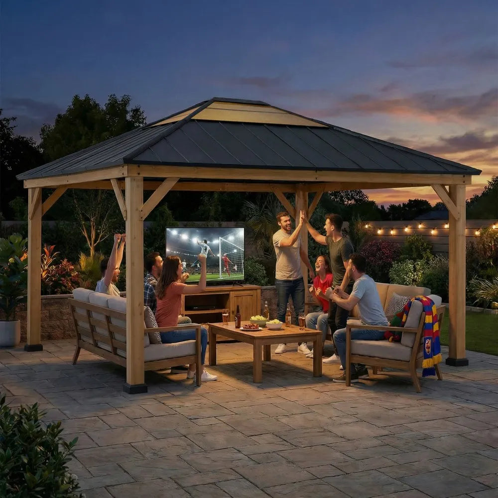 People gathered around a wooden gazebo watching TV outdoors at dusk.